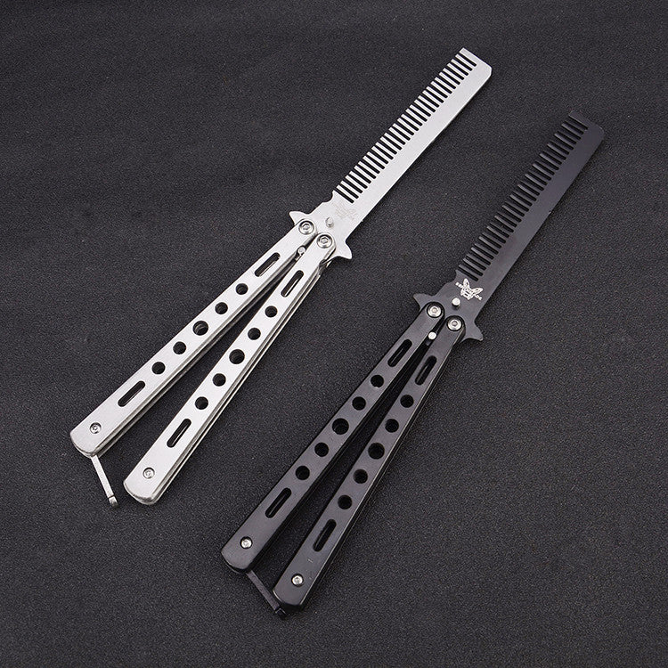 Outdoor Foldable Comb Stainless Steel Practice Training Butterfly Knife Comb Beard Moustache Brushe Salon Hairdressing Hair Styling Tool