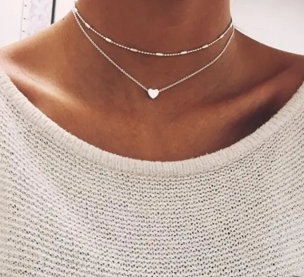 Double Layer Heart Pendant Chain Necklace Women Gold Color Choker Statement Necklaces Multilayer Bohemia Jewlery Gifts