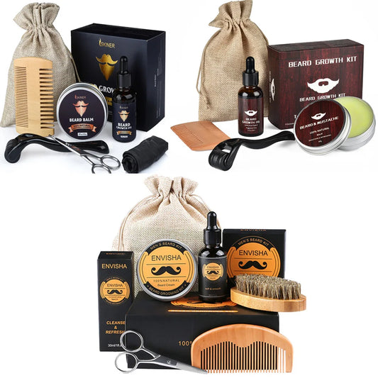 Beard Growth Kit For Men Barbe Hair Enhancerbeard Essential Oil Moisturizing Wax Growth Roller Comb Styling Scissors Beard Care